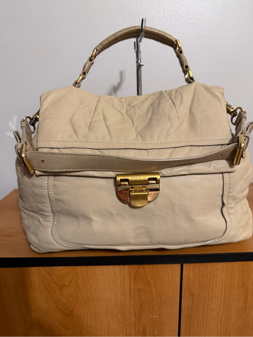 Nina Ricci Cream Leather Top-Handle Shoulder Bag with Gold Hardware